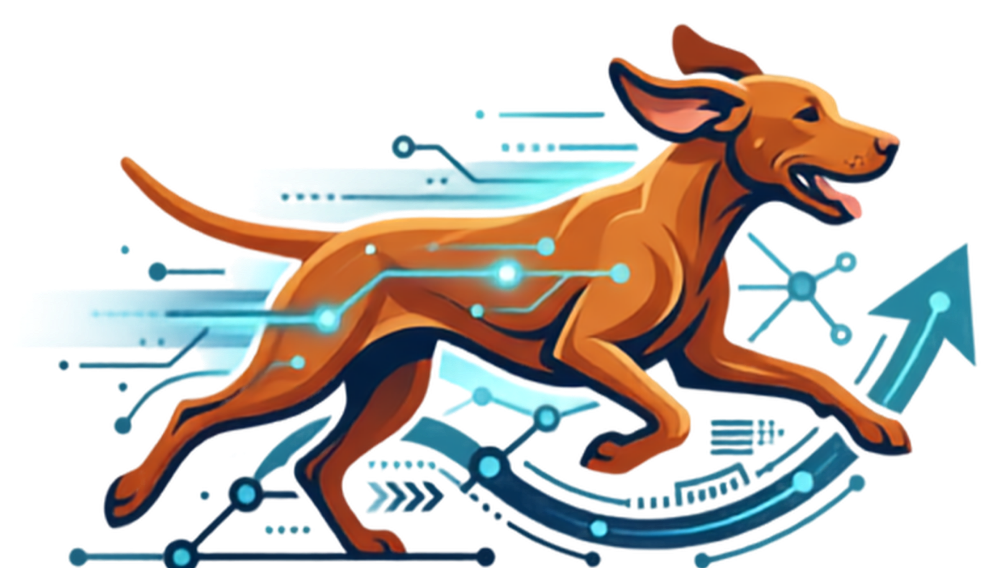 Running Dog Media — running dog with circuit and growth-arrow artwork